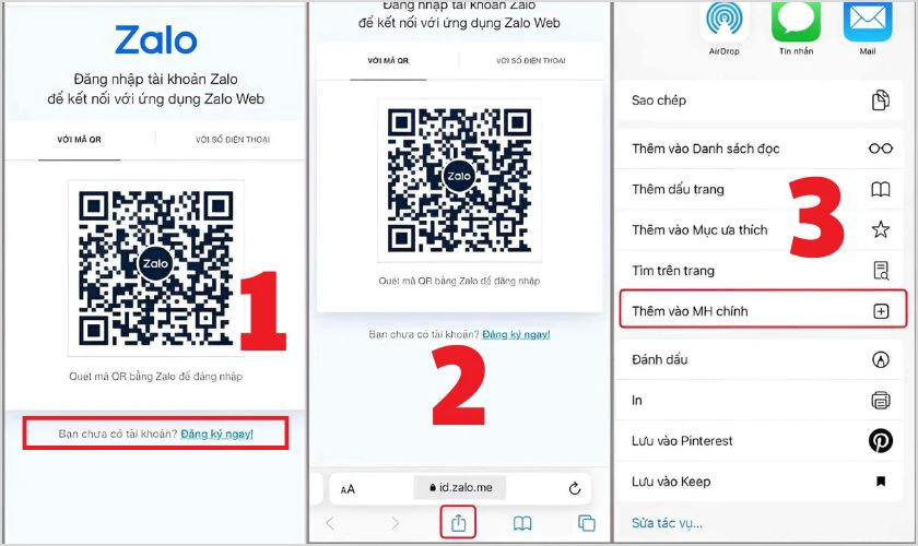 Vào chia sẻ trang của trình duyệt và chọn Thêm vào màn hình chính