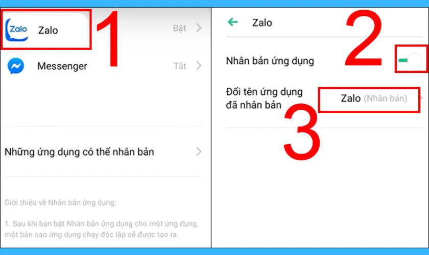 Tìm và bật Zalo trong danh sách ứng dụng có thể nhân bản và bật tính năng này