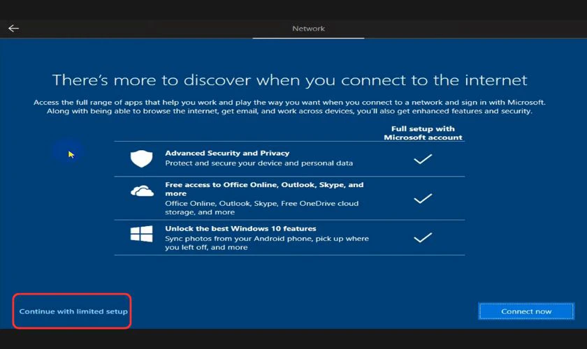 Chọn continue with limited setup để bỏ qua