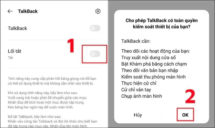 Chấp nhận để Talkback có thể truy cập vào điện thoại OPPO 