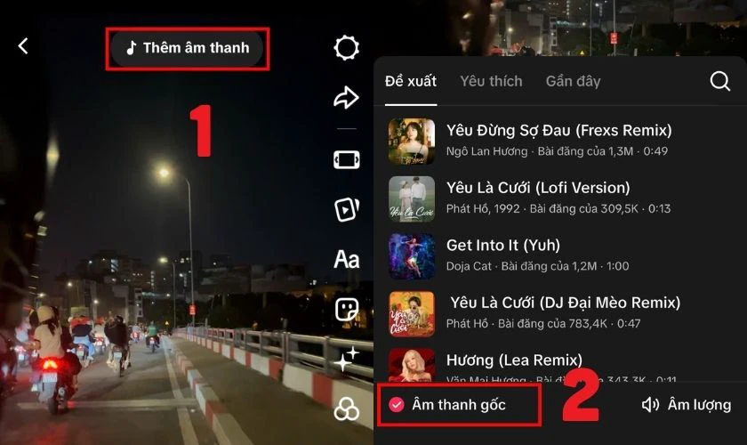 Chọn Thêm âm thanh ở bên trên màn hình điện thoại và bỏ dấu tích ở mục Âm thanh gốc