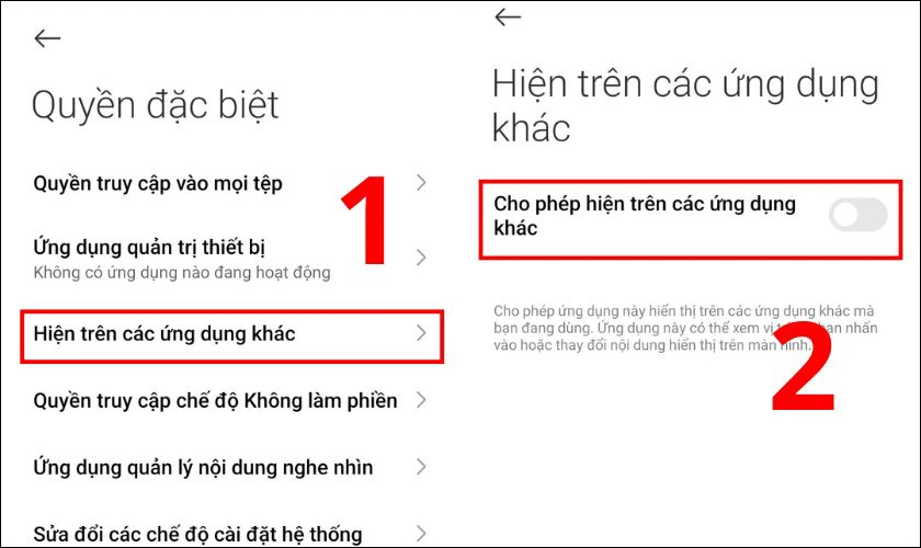 Cách chặn hoàn toàn tính năng cửa sổ nổi trên Chọn ứng dụng muốn chặn, sau đó gạt thanh trượt sang trái để tắt tính năng Cho phép hiển thị