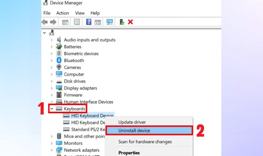 Mở rộng Keyboards, nhấp chuột phải vào diver hiện có chọn tiếp Update hoặc Uninstall Device