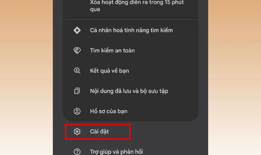 Chọn mục Cài đặt để đi đến khu vực quản lý