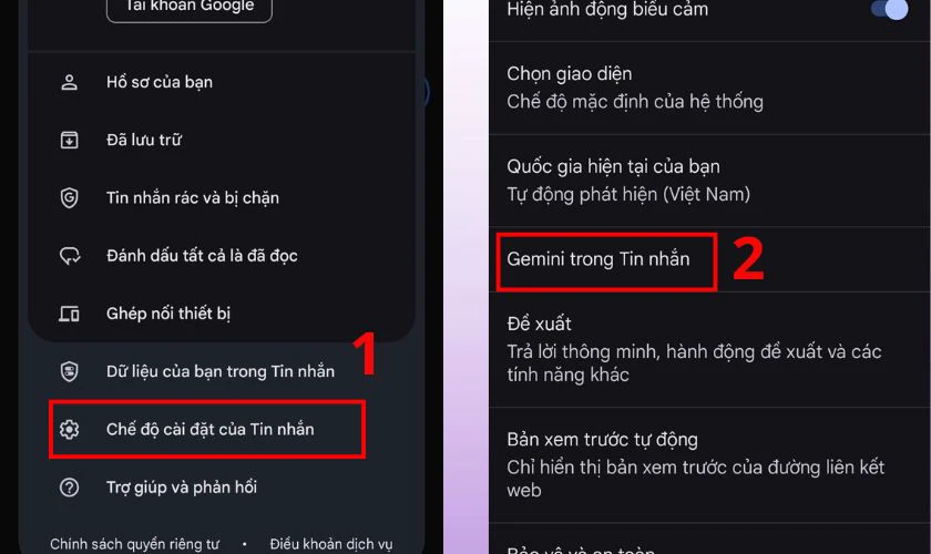 Chọn mục Chế độ cài đặt của Tin nhắn rồi tiếp tục chọn Gemini trong Tin nhắn