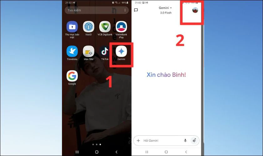 Mở ứng dụng Gemini và nhấn vào biểu tượng tài khoản
