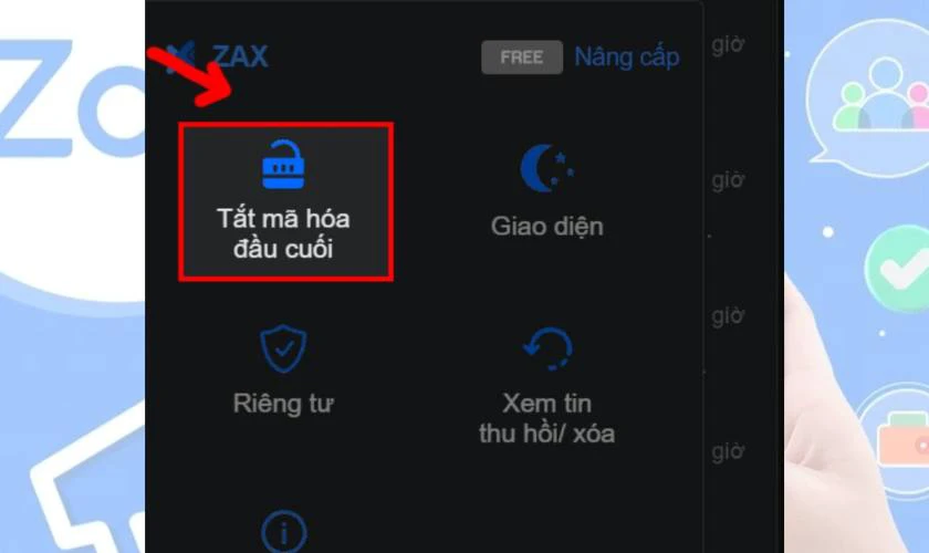 Sau đó bạn hãy chọn biểu tượng ZaX và nhấn vào mục Tắt mã hoá đầu cuối