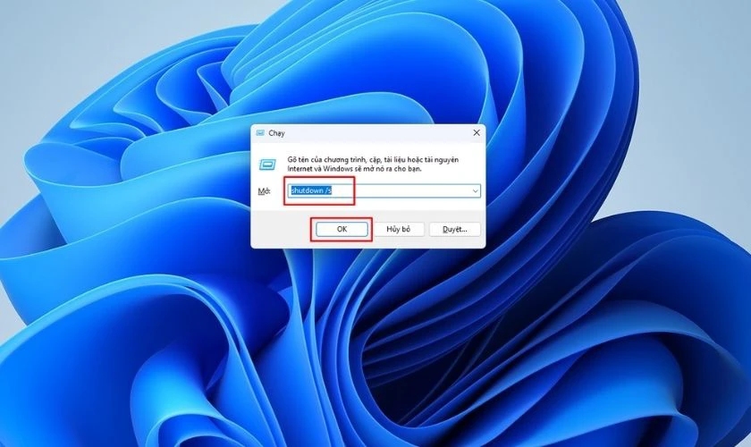 Nhập câu lệnh tắt máy và nhấn Enter hoặc OK