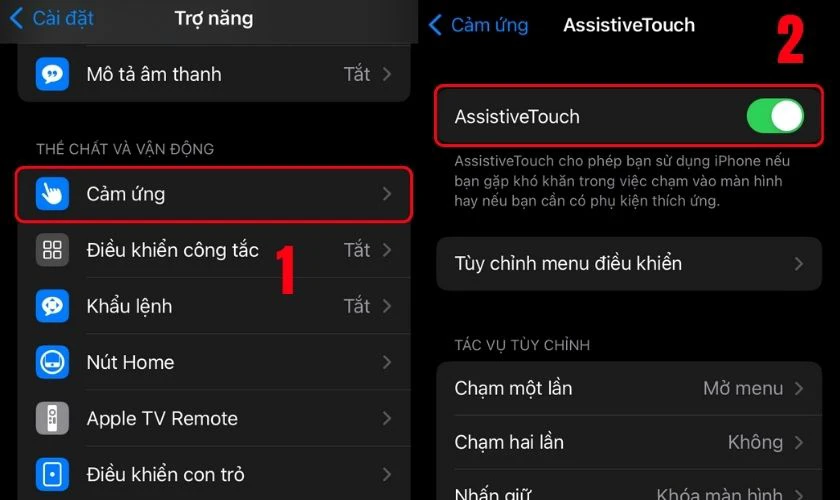 Cuộn xuống chọn Cảm ứng, chọn và bật tính năng Assistive Touch