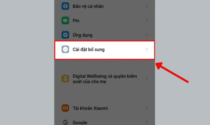 Cuộn xuống và chọn Cài đặt bổ sung