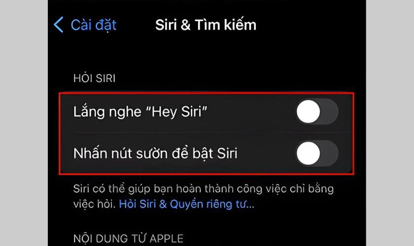 Tắt các tùy chọn Siri