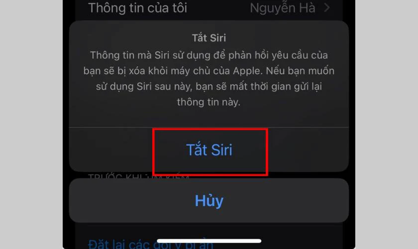 Xác nhận tắt Siri trên iOS 18.7