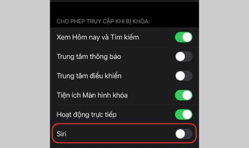 Trong phần Cho phép truy cập khi bị khóa, hãy tìm và tắt công tắc Siri