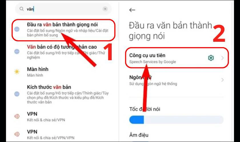 Chọn mục Đầu ra văn bản thành giọng nói