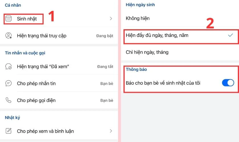 Chọn vào mục Sinh nhật và ấn mục Hiện đầy đủ ngày, tháng, năm