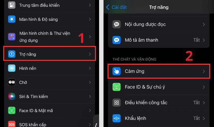 Trong các mục của Trợ năng, click chọn Cảm ứng