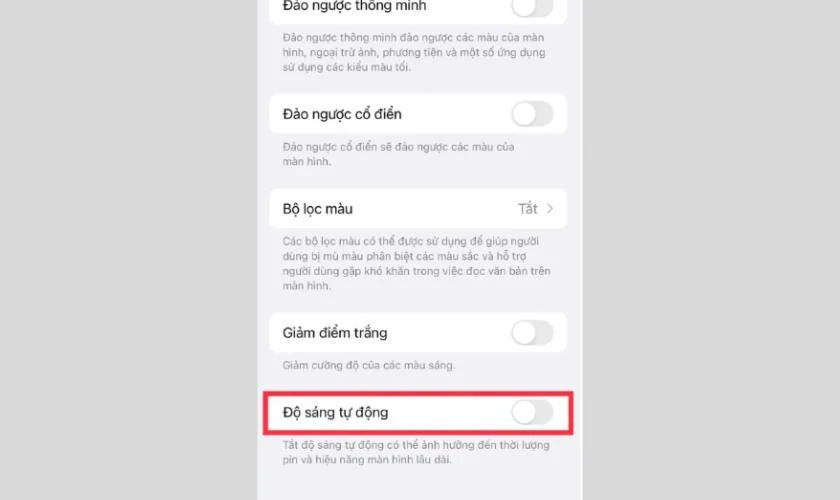 Tắt công tắc Độ sáng tự động