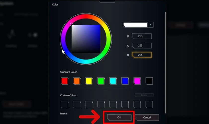 Nhấn vào màu (Color) cho đèn bàn phím