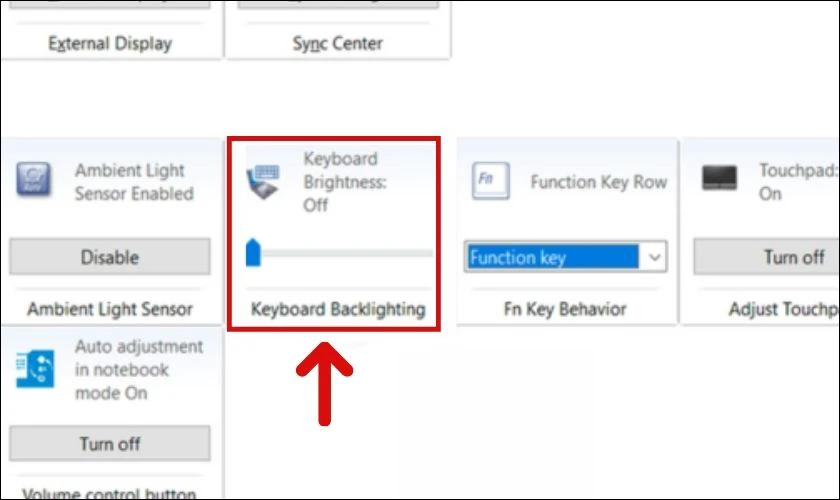 Chọn mục Keyboard Backlighting