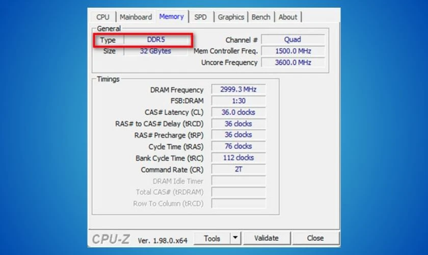 Cách mở tap Memory trên phần mềm CPU-Z