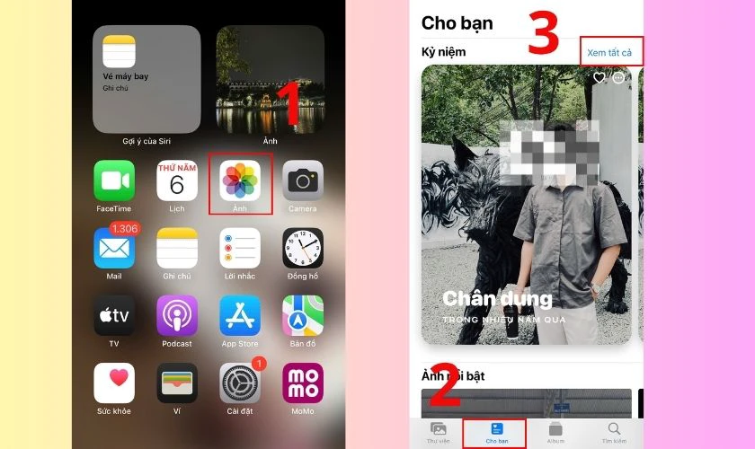 Mở ứng dụng Ảnh, truy cập mục Cho bạn và chọn phần Kỷ niệm