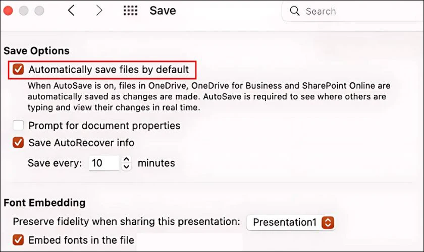 Nhấn chọn vào mục Automatically save files by default