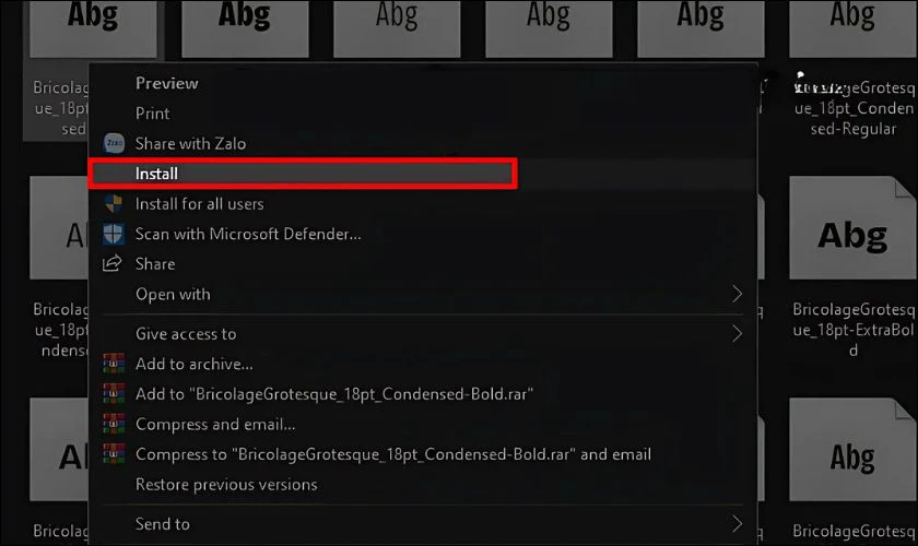 Nhấp chuột phải vào file font (.ttf hoặc .otf) và chọn Install