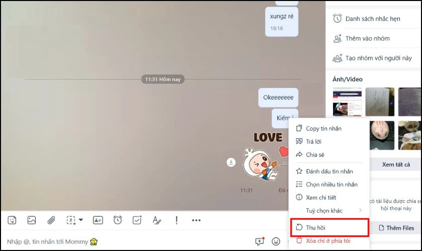 Cách thu hồi tin nhắn Zalo trên máy tính