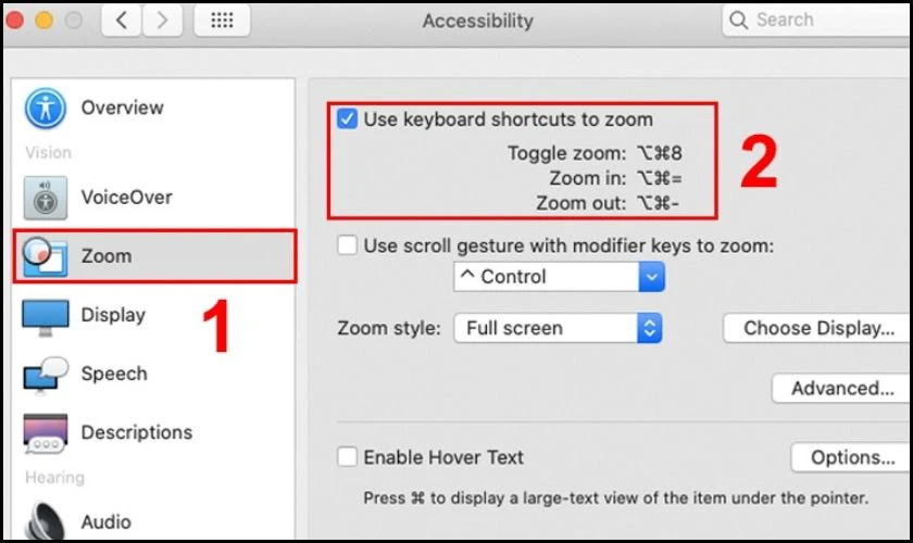  Chọn ô Use keyboard shortcuts to zoom 
