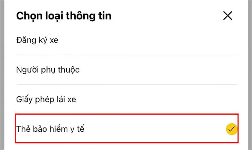 Chọn Thẻ bảo hiểm y tế từ danh sách