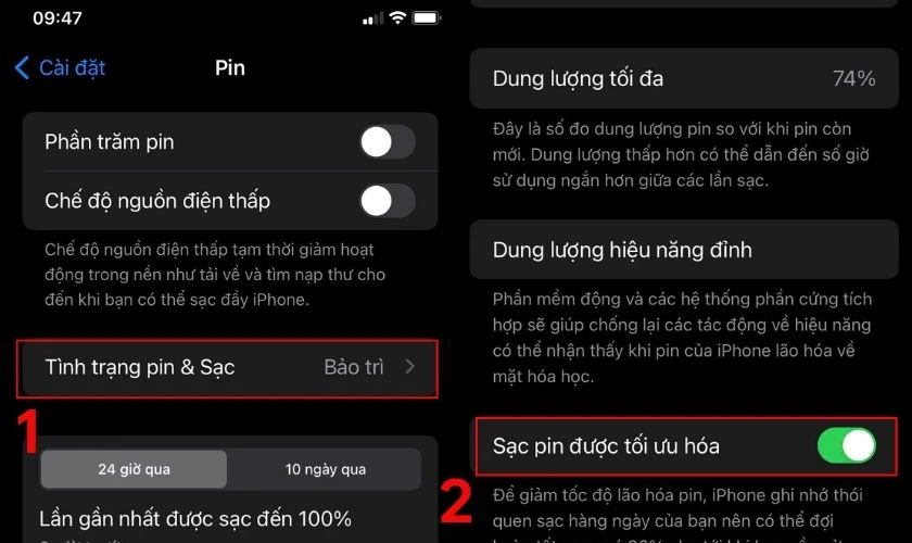 Chọn Tình trạng pin & Sạc và bật tính năng Sạc pin được tối ưu hóa