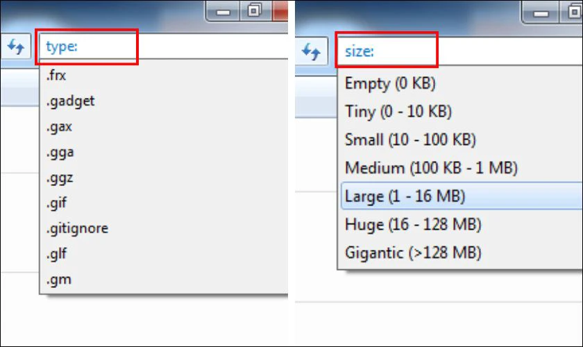 Cách tìm file trong Win 7 theo đuôi tập tin và kích thước file