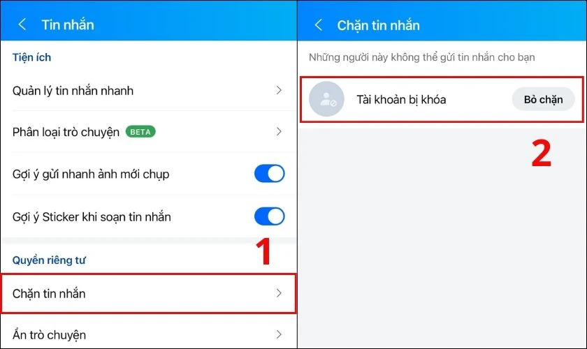 Ở khung Quyền riêng tư, bạn nhấn vào ô Chặn tin nhắn và Bỏ chặn đối tượng bạn muốn