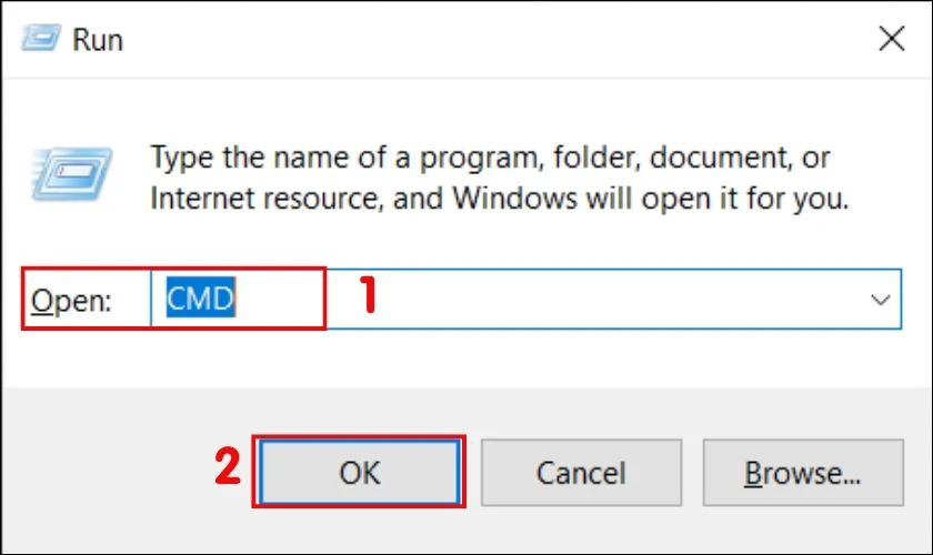 Tại mục Open nhập CMD, sau đó nhấn Enter hoặc OK