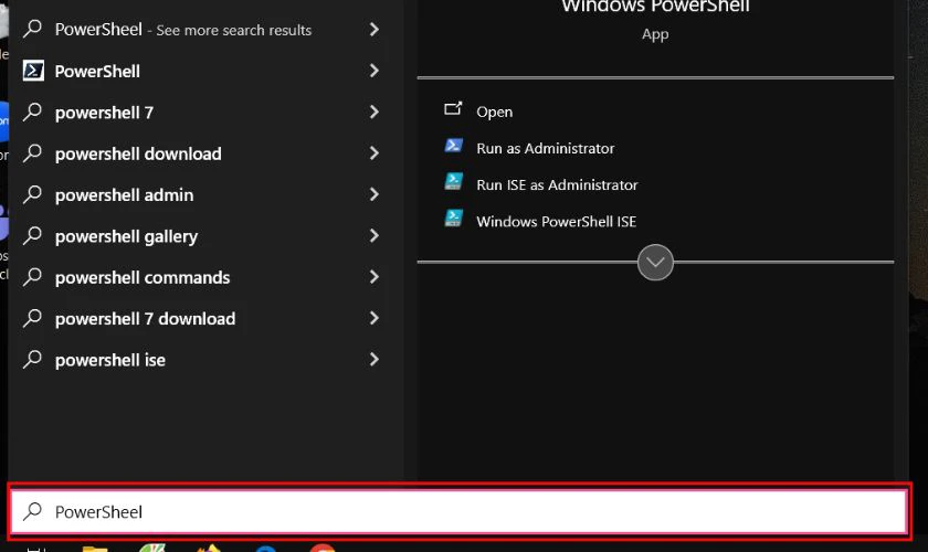 Mở cửa sổ Start, sau đó nhập PowerShell và nhấn Enter