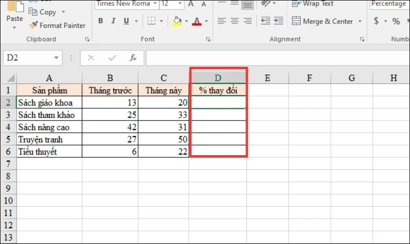 Công thức tính tỷ lệ phần trăm thay đổi trong Excel 