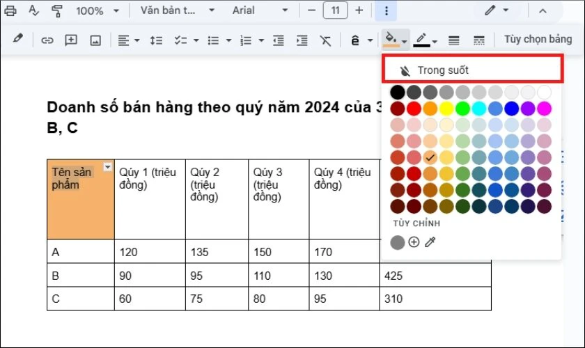 Vào tùy chọn Trong suốt