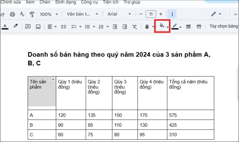 Nhấp vào biểu tượng “Tô màu” trên thanh công cụ