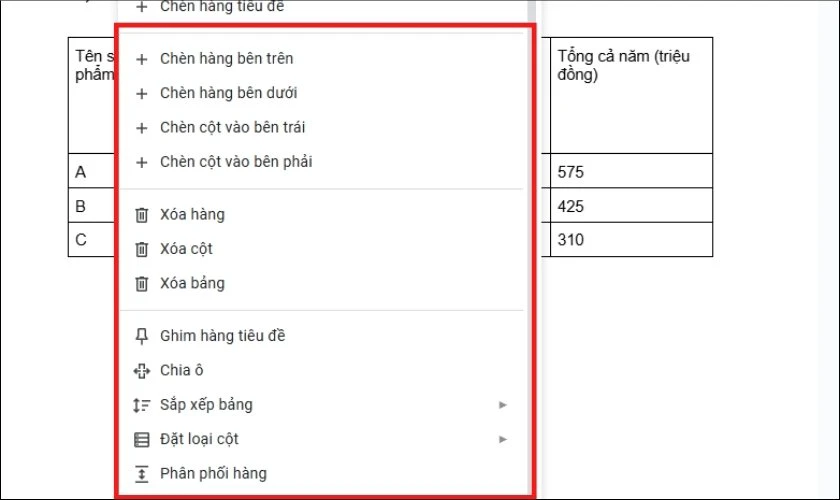Cách tô màu ô trong Google Docs bằng Table Properties
