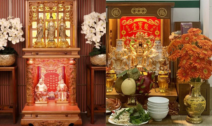 Trang trí bàn thờ ông Địa ngày Tết 2026 với hoa tươi