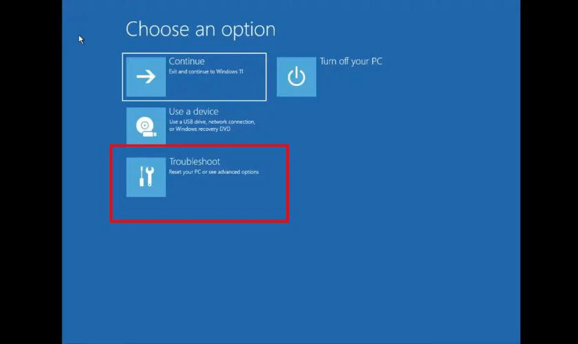 Chọn Troubleshoot từ menu Choose an option