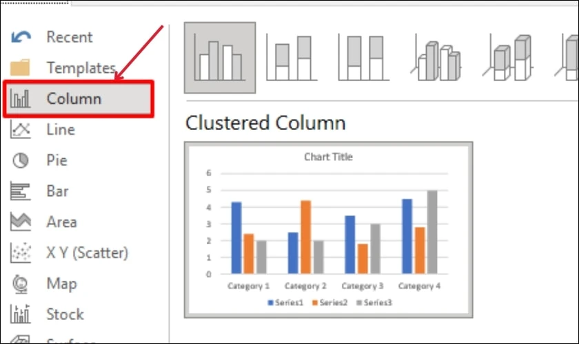 Chọn biểu đồ cột là Column