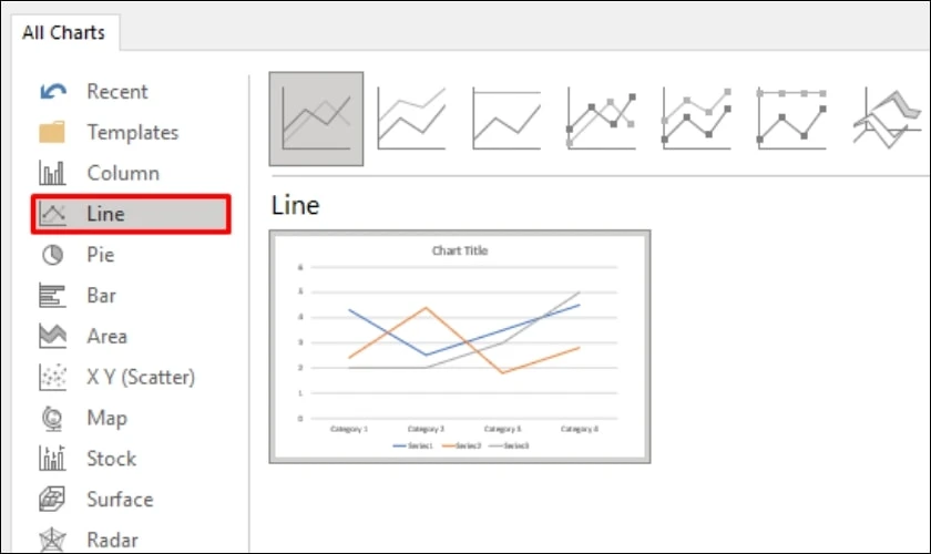 Chọn biểu đồ đường là Line