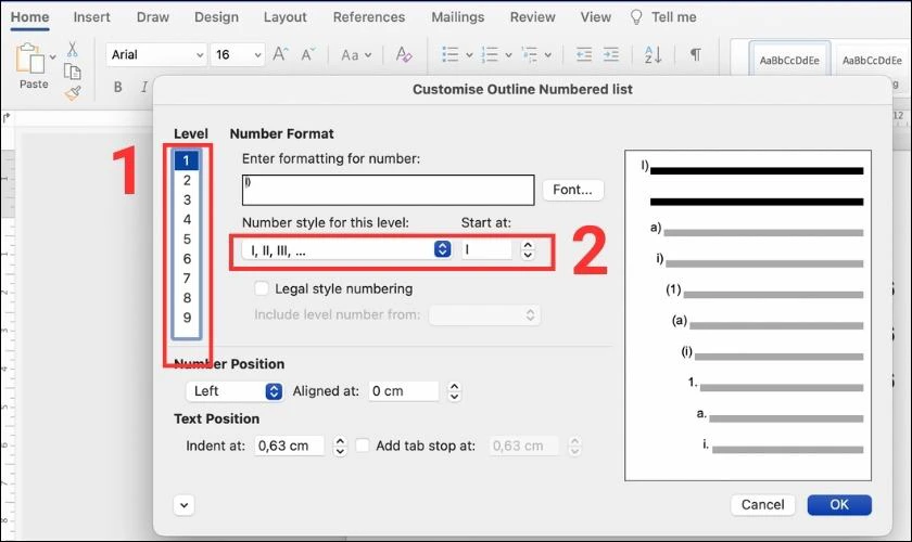 Hộp thoại Customise Outline Numbered list 