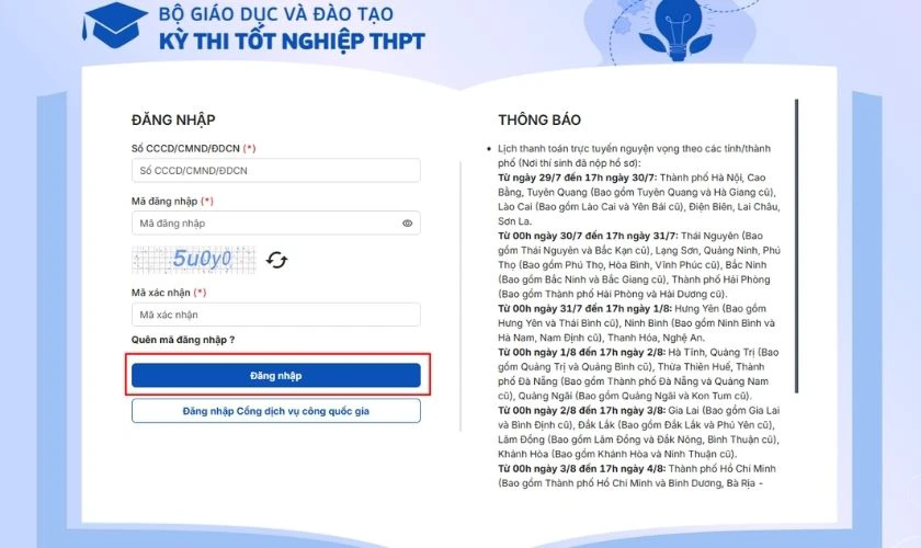 Nhấn nút Đăng nhập để vào hệ thống của Bộ GD