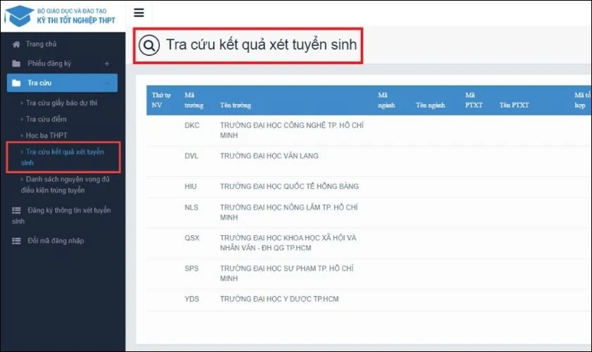 Chọn Menu, chọn chức năng Tra cứu kết quả xét tuyển sinh