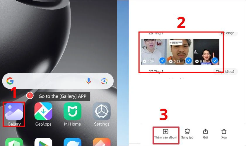Mở Thư viện/Gallery, chọn ảnh và chọn Thêm vào album