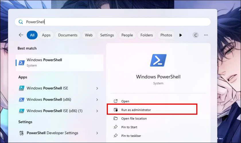 Nhấn phím Windows, gõ PowerShell, sau đó chọn Run as administrator