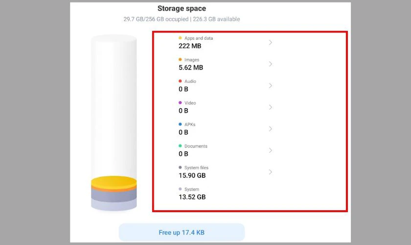 Cách xem dung lượng Xiaomi: Dung lượng chi tiết
