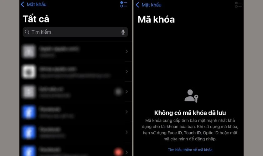Mục Mã khóa sẽ liệt kê riêng các mã khóa bạn từng lưu